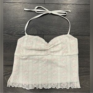 Garage Floral Lace Halter Apron Back Crop Top | Tie Back Corset Style